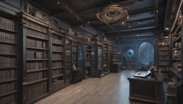 indoors,book,no humans,window,night,chair,table,scenery,desk,wooden floor,paper,open book,fantasy,clock,bookshelf,lamp,shelf,book stack,library,ladder,quill,globe,telescope,1girl,solo,black hair,sitting