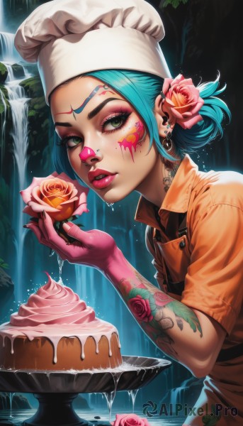 1girl,solo,looking at viewer,short hair,shirt,hair ornament,gloves,hat,holding,jewelry,green eyes,blue hair,upper body,flower,short sleeves,earrings,parted lips,food,hair flower,water,hair bun,nail polish,apron,lips,eyelashes,aqua hair,tattoo,makeup,buttons,fruit,rose,white headwear,piercing,floral print,single hair bun,lipstick,ear piercing,web address,pink flower,eyeshadow,freckles,cake,realistic,nose,food on face,eyeliner,facepaint,orange shirt,pink rose,waterfall,mascara,cupcake,chef hat,nose piercing,lip piercing,chef,icing,mole on cheek,collared shirt,artist name,from side,black nails,pocket,pink lips,arm tattoo,facial tattoo,pink gloves