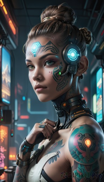 A cyborg framed by the beauty of a calm dynamic scene