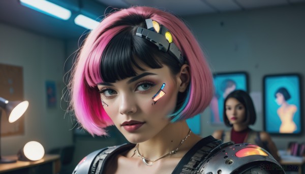 1girl,solo,looking at viewer,short hair,bangs,blue eyes,black hair,jewelry,closed mouth,green eyes,upper body,pink hair,multicolored hair,indoors,necklace,armor,mole,blurry,two-tone hair,lips,streaked hair,makeup,blurry background,bob cut,lipstick,portrait,eyeshadow,freckles,science fiction,realistic,nose,android,red lips,eyeliner,monitor,cyborg,poster (object),mascara,mole above mouth,collarbone,hairband,artist name,blunt bangs,eyelashes,depth of field,facial mark,light smile,shoulder armor,bandaid,pink lips,bandaid on face,lamp,facepaint,shoulder pads,ceiling light,portrait (object)