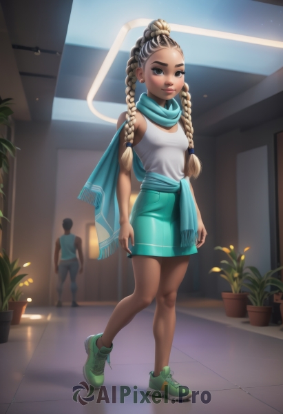 1girl,long hair,breasts,looking at viewer,smile,skirt,blonde hair,shirt,black hair,1boy,bare shoulders,brown eyes,jewelry,closed mouth,standing,full body,white shirt,braid,multicolored hair,earrings,small breasts,shoes,sleeveless,solo focus,artist name,indoors,dark skin,scarf,twin braids,two-tone hair,dark-skinned female,lips,bare arms,window,sleeveless shirt,tank top,plant,sneakers,forehead,walking,nose,arms at sides,tiles,potted plant,tile floor,blue scarf,green footwear,dreadlocks,aqua footwear,solo,brown hair,shadow,thick eyebrows