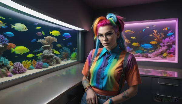 1girl,solo,long hair,breasts,looking at viewer,shirt,brown eyes,jewelry,sitting,blue hair,ponytail,pink hair,short sleeves,red hair,multicolored hair,glasses,striped,collared shirt,belt,pants,indoors,bag,orange hair,bracelet,two-tone hair,lips,streaked hair,tattoo,makeup,backpack,blue shirt,fish,black-framed eyewear,striped shirt,nose,hair tie,round eyewear,wristwatch,coral,multicolored shirt,aquarium,rainbow hair,blonde hair,hair ornament,purple hair,necktie,vest,suspenders,denim,buckle,personification,freckles,jeans,brown belt,arm tattoo,orange shirt,turtle