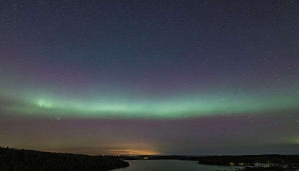 outdoors,sky,cloud,no humans,night,grass,star (sky),night sky,scenery,starry sky,sunset,horizon,river,landscape,city lights,hill,star (symbol),aurora