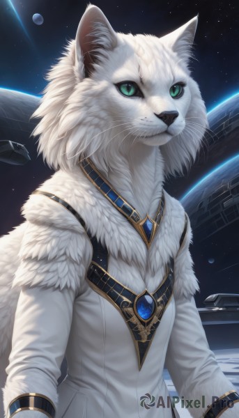 solo,looking at viewer,smile,long sleeves,1boy,jewelry,closed mouth,green eyes,upper body,male focus,sky,artist name,signature,coat,fur trim,no humans,animal,scar,white jacket,brooch,gem,star (sky),furry,starry sky,fur collar,white coat,space,furry male,body fur,white fur,planet,whiskers,earth (planet),fluffy,animal ears,cat ears,necklace,animal ear fluff,cat,slit pupils,pendant,colored sclera