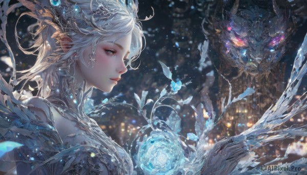 1girl,solo,breasts,short hair,blue eyes,hair ornament,jewelry,closed mouth,upper body,white hair,earrings,wings,horns,pointy ears,blurry,from side,lips,eyelashes,profile,depth of field,blurry background,glowing,elf,gem,ice,crystal,fantasy,dragon,long hair,looking at viewer,blush,bangs,bare shoulders,artist name,water,armor,grey eyes,nose,magic,scales,orb