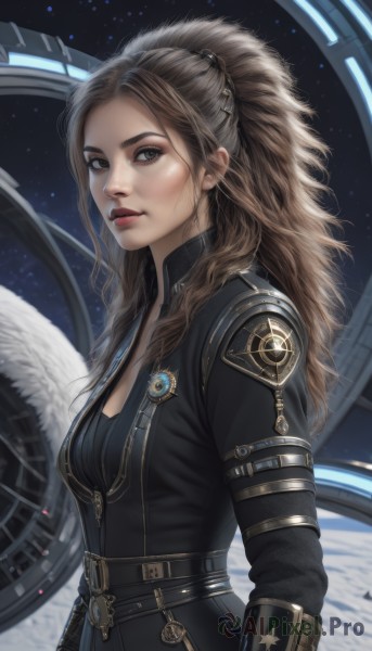 1girl,solo,long hair,breasts,looking at viewer,brown hair,brown eyes,medium breasts,upper body,ponytail,parted lips,belt,from side,lips,grey eyes,bodysuit,makeup,lipstick,star (sky),zipper,realistic,nose,red lips,space,leather,planet,cleavage,jewelry,jacket,artist name,earth (planet)