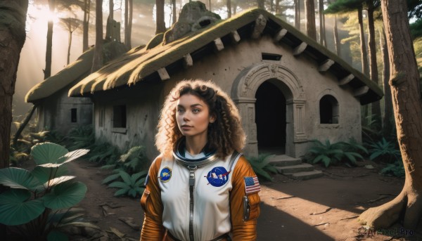 1girl,solo,long hair,brown hair,black hair,brown eyes,jacket,upper body,outdoors,day,dark skin,hood,dark-skinned female,tree,lips,leaf,sunlight,plant,nature,scenery,forest,curly hair,light rays,realistic,nose,sunbeam,ruins,spacesuit,blue eyes,belt,building,zipper,american flag,dreadlocks