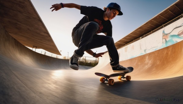 solo,shirt,black hair,1boy,hat,jewelry,short sleeves,male focus,earrings,outdoors,sky,shoes,day,pants,dark skin,bracelet,black shirt,shadow,black pants,squatting,t-shirt,sneakers,baseball cap,watch,realistic,wristwatch,skateboard,brown hair,facial hair,dark-skinned male,denim,outstretched arm,wristband,jeans,print shirt