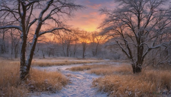 outdoors,sky,cloud,water,tree,no humans,sunlight,cloudy sky,grass,nature,scenery,snow,forest,reflection,sunset,mountain,sun,winter,bare tree,river,evening,landscape,gradient sky,orange sky,signature,traditional media,plant,horizon,field,lake