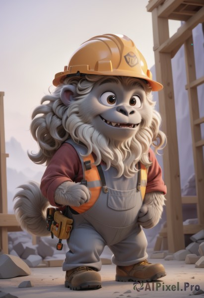 solo,long hair,smile,open mouth,shirt,1boy,hat,brown eyes,standing,tail,full body,male focus,outdoors,shoes,teeth,bag,fangs,brown footwear,helmet,red shirt,furry,walking,rock,overalls,furry male,hardhat,gloves,animal ears,boots,artist name,watermark,sharp teeth,curly hair,grey fur