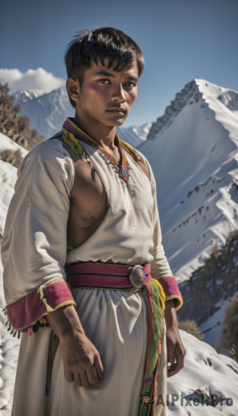 solo,looking at viewer,short hair,black hair,long sleeves,1boy,brown eyes,jewelry,closed mouth,nipples,standing,male focus,cowboy shot,outdoors,sky,day,dark skin,necklace,blurry,black eyes,tree,blue sky,lips,sash,blurry background,dark-skinned male,snow,robe,mountain,realistic,arms at sides,dirty,pine tree,parted lips,pectorals,very short hair,dirty clothes