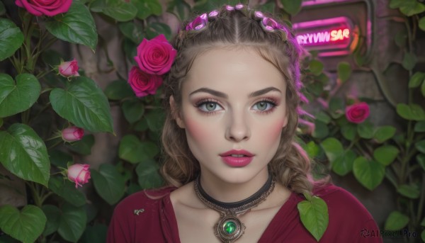 1girl,solo,long hair,looking at viewer,brown hair,hair ornament,jewelry,green eyes,collarbone,upper body,flower,parted lips,teeth,choker,hair flower,necklace,lips,grey eyes,eyelashes,makeup,rose,leaf,plant,lipstick,gem,red shirt,portrait,forehead,pink flower,pendant,freckles,realistic,nose,pink rose,blush,dress,braid,outdoors,black choker,eyeshadow