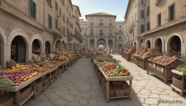 outdoors,food,sky,day,blue sky,no humans,window,fruit,building,scenery,stairs,city,fantasy,apple,road,house,bread,street,meat,vegetable,town,barrel,pavement,cart,cloud,bag,table,door,basket,cityscape,architecture,pillar,orange (fruit),food focus,path,arch,crate