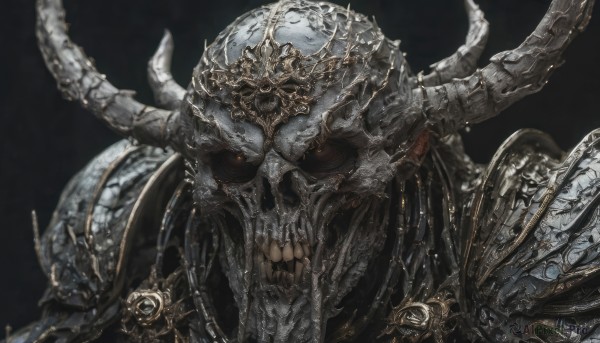 solo,simple background,upper body,horns,armor,blurry,no humans,robot,black background,tentacles,spikes,science fiction,skull,monster,skeleton,extra eyes,looking at viewer,1boy,male focus,teeth,chain,helmet,clenched teeth,shoulder armor,portrait,pauldrons,fake horns,multiple horns,horned helmet