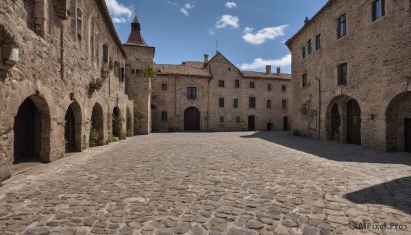 outdoors,sky,day,cloud,tree,blue sky,no humans,window,shadow,cloudy sky,building,scenery,road,wall,house,street,arch,pavement,door,architecture,pillar,path,church,stone floor,stone wall