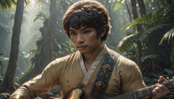 1girl,solo,short hair,brown hair,black hair,long sleeves,1boy,holding,brown eyes,upper body,braid,male focus,outdoors,parted lips,japanese clothes,day,dark skin,kimono,blurry,black eyes,tree,lips,blurry background,leaf,plant,instrument,nature,forest,freckles,realistic,nose,music,guitar,playing instrument,korean clothes,hanbok,bangs,looking to the side,depth of field,floral print,sunlight,holding instrument,plectrum,lute (instrument)