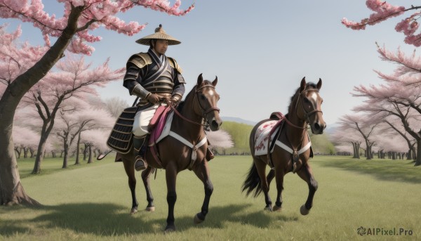 solo,1boy,hat,weapon,male focus,outdoors,sky,day,sword,armor,tree,blue sky,animal,helmet,grass,cherry blossoms,shoulder armor,scenery,1other,riding,japanese armor,horse,ambiguous gender,kote,samurai,horseback riding,reins,saddle,standing,japanese clothes,facial hair,scar,katana,sheath,sheathed,field,sode,kusazuri,kabuto (helmet),jingasa