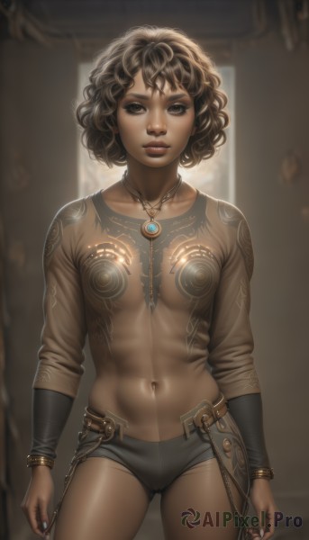 1girl,solo,breasts,looking at viewer,short hair,brown hair,black hair,long sleeves,navel,brown eyes,jewelry,medium breasts,standing,collarbone,cowboy shot,small breasts,shorts,midriff,artist name,dark skin,medium hair,necklace,nail polish,blurry,dark-skinned female,lips,fingernails,see-through,short shorts,no bra,makeup,blurry background,abs,ring,messy hair,pendant,contrapposto,curly hair,toned,realistic,nose,arms at sides,brown shorts,very dark skin,nipples,earrings,shiny,stomach,bracelet,shiny skin,lipstick,black nails