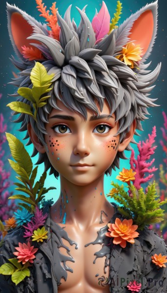 solo,looking at viewer,smile,short hair,black hair,hair ornament,1boy,animal ears,brown eyes,closed mouth,collarbone,upper body,flower,grey hair,male focus,artist name,hair flower,blurry,lips,leaf,blue background,plant,portrait,extra ears,freckles,yellow flower,mouse ears,nose,orange flower,bangs,jacket,open clothes,open jacket,watermark,pectorals,spiked hair,web address,pink flower