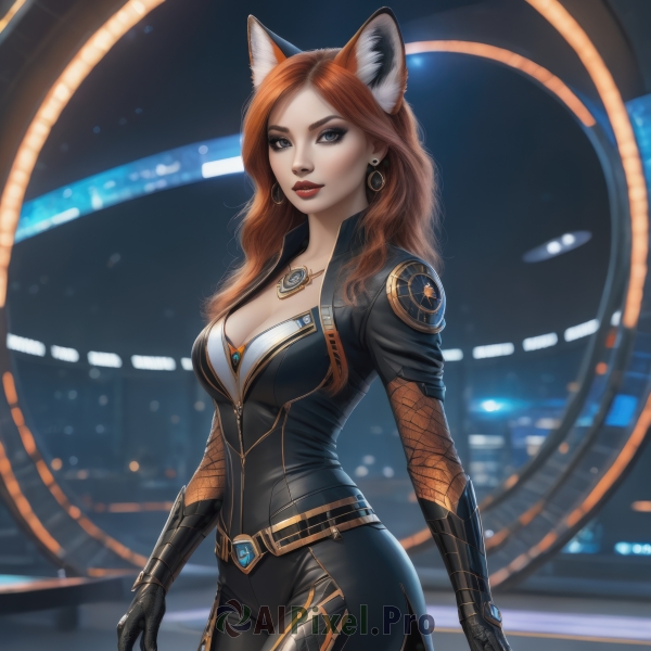 1girl,solo,long hair,breasts,looking at viewer,smile,blue eyes,large breasts,brown hair,gloves,animal ears,cleavage,jewelry,medium breasts,cowboy shot,earrings,black gloves,belt,artist name,cat ears,necklace,orange hair,blurry,lips,fox ears,bodysuit,makeup,blurry background,lipstick,pendant,black bodysuit,red lips,standing,red hair,mole,grey eyes,wavy hair,black pants,fox girl,extra ears,realistic