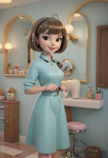 1girl,solo,breasts,looking at viewer,smile,short hair,bangs,brown hair,hair ornament,dress,brown eyes,jewelry,standing,flower,short sleeves,hairband,earrings,small breasts,hairclip,indoors,cup,lips,makeup,buttons,feet out of frame,blue dress,bob cut,antenna hair,lipstick,freckles,reflection,mirror,tiles,red lips,lamp,bathroom,stool,sink,cosmetics,cabinet,skirt,shirt,closed mouth,ahoge,blunt bangs,black eyes,blue skirt,watermark,bottle,nose