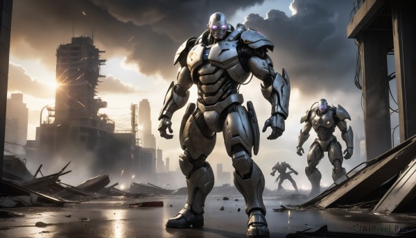 HQ,standing,weapon,outdoors,multiple boys,sky,cloud,2boys,armor,gun,military,no humans,glowing,cloudy sky,robot,building,mecha,glowing eyes,smoke,walking,science fiction,city,realistic,military vehicle,ruins,damaged,open hands,power armor,debris,dust,rubble,purple eyes,water,lens flare,glowing eye,dirty,redesign,crane (machine)