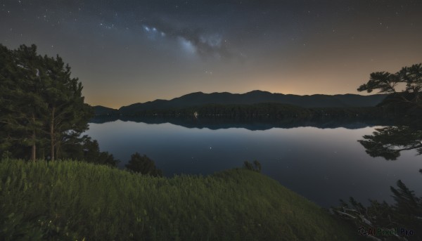 outdoors,sky,cloud,water,tree,no humans,night,grass,star (sky),nature,night sky,scenery,forest,starry sky,reflection,sunset,river,landscape,lake,mountain,horizon