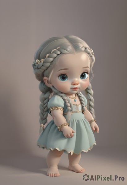 1girl,solo,long hair,looking at viewer,blue eyes,simple background,dress,jewelry,closed mouth,standing,full body,braid,short sleeves,grey hair,barefoot,necklace,twin braids,flat chest,bracelet,blue dress,aged down,child,forehead,brown background,female child,multiple braids,chibi,lips,realistic