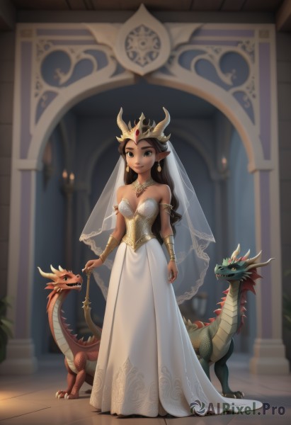 1girl,solo,long hair,breasts,looking at viewer,smile,brown hair,dress,holding,cleavage,bare shoulders,brown eyes,jewelry,medium breasts,standing,full body,earrings,horns,pointy ears,dark skin,necklace,white dress,blurry,dark-skinned female,lips,strapless,tiara,crown,veil,strapless dress,armlet,wedding dress,leash,dragon,long dress,bridal veil,bracer,black hair,small breasts,indoors,bracelet,tiles,forehead jewel,eastern dragon