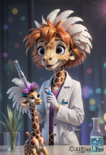 1girl,solo,smile,short hair,open mouth,shirt,hair ornament,gloves,long sleeves,holding,brown eyes,upper body,indoors,white gloves,orange hair,blurry,depth of field,blurry background,animal,feathers,plant,furry,furry female,labcoat,purple shirt,potted plant,feather hair ornament,syringe,test tube,vial,holding syringe,bottle,monster girl,freckles,white coat