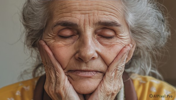 1girl,solo,simple background,1boy,closed mouth,closed eyes,white hair,grey hair,male focus,grey background,blurry,lips,eyelashes,thick eyebrows,portrait,facing viewer,realistic,nose,old,old man,hands on another's face,old woman,wrinkled skin,long hair,scar,parody,close-up,hands on own face