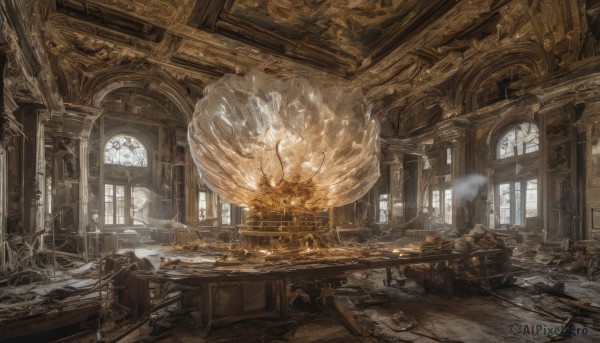 day,indoors,no humans,window,chair,sunlight,scenery,smoke,light rays,stairs,fantasy,architecture,ruins,broken,pillar,statue,ceiling,arch,treasure chest,broken window,table,candle,dust,chandelier