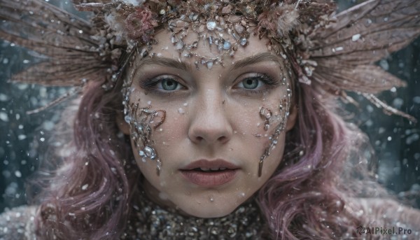 1girl,solo,long hair,looking at viewer,blue eyes,brown hair,hair ornament,closed mouth,green eyes,pink hair,parted lips,blurry,lips,grey eyes,eyelashes,makeup,gem,portrait,snow,close-up,freckles,snowing,realistic,feathers