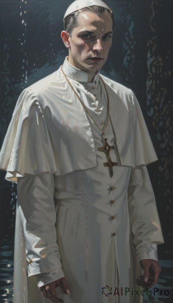 solo,looking at viewer,short hair,black hair,gloves,long sleeves,1boy,brown eyes,jewelry,closed mouth,standing,male focus,cowboy shot,earrings,necklace,black eyes,blood,capelet,white headwear,cross,brown gloves,robe,realistic,nun,habit,blood on clothes,cross necklace,white capelet,priest,hat,black background,latin cross,white robe