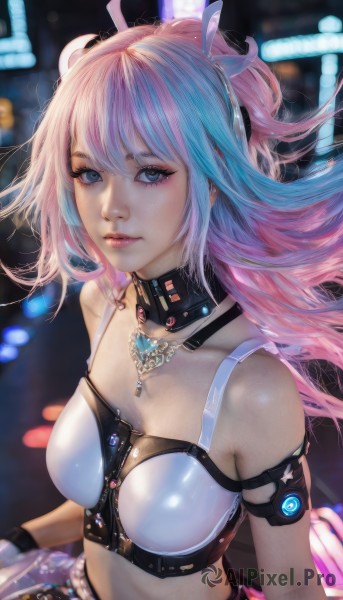 1girl,solo,long hair,breasts,looking at viewer,bangs,blue eyes,gloves,navel,bare shoulders,jewelry,medium breasts,closed mouth,blue hair,collarbone,upper body,pink hair,multicolored hair,small breasts,choker,black gloves,midriff,necklace,blurry,two-tone hair,lips,crop top,makeup,floating hair,blurry background,realistic,nose,hair ornament,cleavage,shiny,eyelashes,detached collar,arm strap