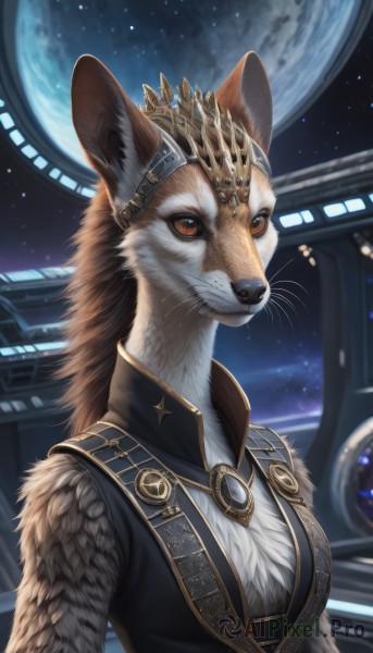 1girl,solo,long hair,breasts,looking at viewer,smile,brown hair,animal ears,brown eyes,jewelry,medium breasts,closed mouth,upper body,signature,vest,orange eyes,animal,crown,brooch,gem,star (sky),furry,starry sky,furry female,space,body fur,white fur,planet,fur,animal nose,whiskers,snout,earth (planet),black fur,cat ears,necklace,no humans,realistic