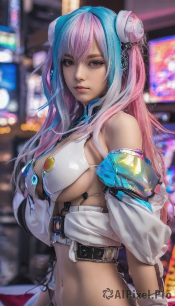 1girl,solo,long hair,breasts,looking at viewer,bangs,blue eyes,large breasts,hair ornament,navel,bare shoulders,medium breasts,closed mouth,blue hair,purple eyes,jacket,swimsuit,upper body,pink hair,bikini,multicolored hair,detached sleeves,belt,blurry,two-tone hair,lips,blurry background,white bikini,piercing,bikini top only,realistic,navel piercing,split-color hair,midriff,underboob,headgear