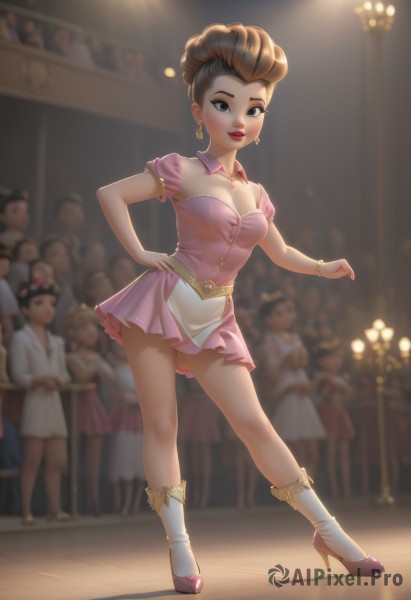 1girl,breasts,looking at viewer,blush,short hair,multiple girls,brown hair,dress,cleavage,brown eyes,jewelry,medium breasts,standing,full body,short sleeves,earrings,small breasts,parted lips,detached sleeves,multiple boys,solo focus,socks,puffy sleeves,belt,artist name,indoors,blurry,high heels,bracelet,puffy short sleeves,lips,hand on hip,strapless,makeup,detached collar,blurry background,short dress,single hair bun,lipstick,pink dress,strapless dress,eyeshadow,pink footwear,red lips,dancing,crowd,solo,smile,blonde hair,boots,necklace,black eyes,collar,depth of field,6+girls,watermark,web address,high heel boots,backlighting,contrapposto,bangle,stage,lights