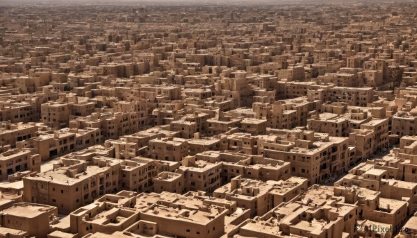 monochrome,outdoors,no humans,from above,building,scenery,city,cityscape,sepia,rooftop,brown theme,sky,ruins,skyscraper