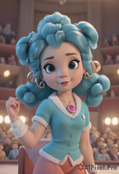 1girl,solo,long hair,looking at viewer,blush,smile,blue eyes,skirt,shirt,hair ornament,dress,twintails,jewelry,blue hair,standing,short sleeves,cowboy shot,earrings,parted lips,solo focus,artist name,indoors,hand up,necklace,nail polish,blurry,flat chest,lips,fingernails,wrist cuffs,fur trim,eyelashes,aqua hair,makeup,depth of field,blurry background,red skirt,chair,blue shirt,lipstick,child,pendant,freckles,curly hair,hoop earrings,red lips,female child,aqua shirt,breasts,small breasts,wristband