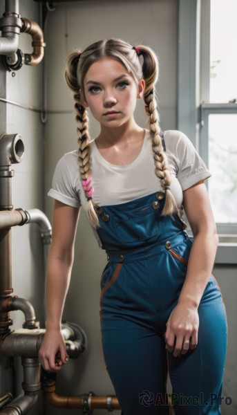 1girl,solo,long hair,breasts,looking at viewer,blue eyes,blonde hair,brown hair,shirt,hair ornament,twintails,standing,white shirt,braid,short sleeves,cowboy shot,parted lips,indoors,twin braids,lips,window,denim,t-shirt,hair over shoulder,freckles,realistic,nose,overalls,blue overalls,medium breasts,multicolored hair,blurry background,forehead,dirty,dirty face