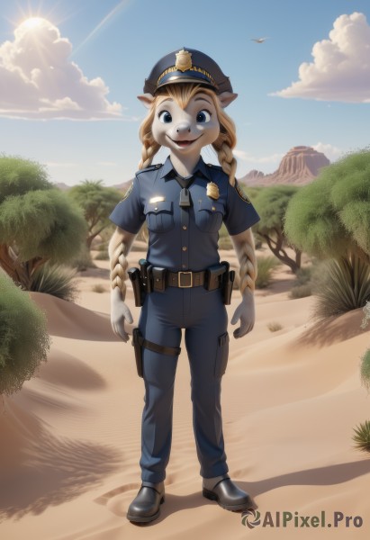 1girl,solo,long hair,looking at viewer,smile,open mouth,blue eyes,blonde hair,shirt,hat,animal ears,standing,full body,weapon,braid,outdoors,sky,shoes,teeth,day,pointy ears,belt,pants,cloud,uniform,twin braids,tree,blue sky,bird,blue shirt,furry,pocket,furry female,blue pants,breast pocket,holster,police,police uniform,policewoman,gloves,no humans,scenery,sun