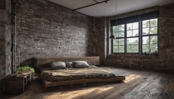 day,indoors,tree,pillow,no humans,window,bed,sunlight,plant,curtains,scenery,wooden floor,lamp,wall,bedroom,ruins,brick wall,bed sheet,door,potted plant,wooden wall,brick