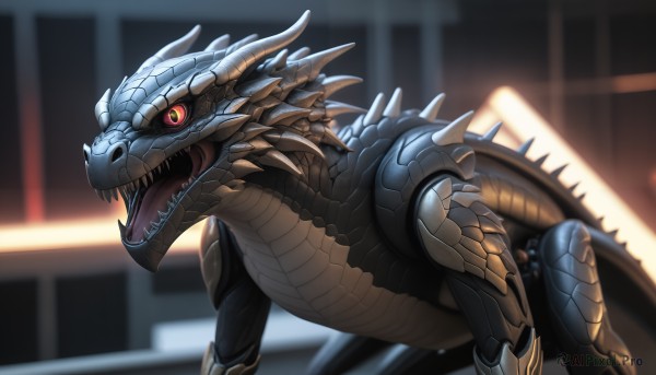 HQ,solo,open mouth,red eyes,tail,teeth,tongue,blurry,pokemon (creature),no humans,blurry background,fangs,sharp teeth,slit pupils,ground vehicle,motor vehicle,claws,spikes,colored sclera,monster,dragon,black sclera,scales,looking at viewer,horns,cyborg