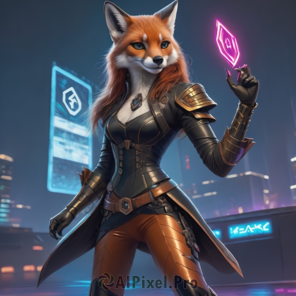 1girl,solo,long hair,breasts,looking at viewer,smile,blue eyes,gloves,animal ears,cleavage,jewelry,medium breasts,standing,jacket,tail,cowboy shot,boots,outdoors,belt,pants,artist name,hand up,necklace,armor,black jacket,fox ears,night,fox tail,shoulder armor,gauntlets,claws,furry,city,furry female,brown pants,snout,holographic interface,orange hair,blurry background,fox girl