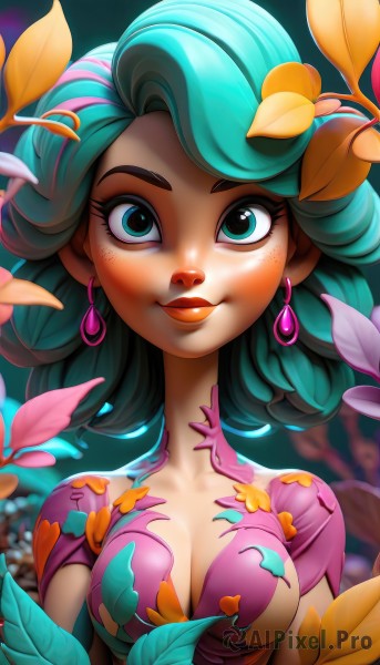 1girl,solo,long hair,breasts,looking at viewer,blush,smile,bangs,hair ornament,dress,cleavage,jewelry,medium breasts,closed mouth,green eyes,collarbone,upper body,flower,short sleeves,earrings,green hair,shiny,artist name,hair flower,medium hair,blurry,aqua eyes,lips,eyelashes,aqua hair,makeup,depth of field,blurry background,leaf,thick eyebrows,bug,lipstick,pink dress,eyeshadow,freckles,nose,red lips,mascara,blue eyes,pink hair,multicolored hair,two-tone hair,watermark,plant,web address