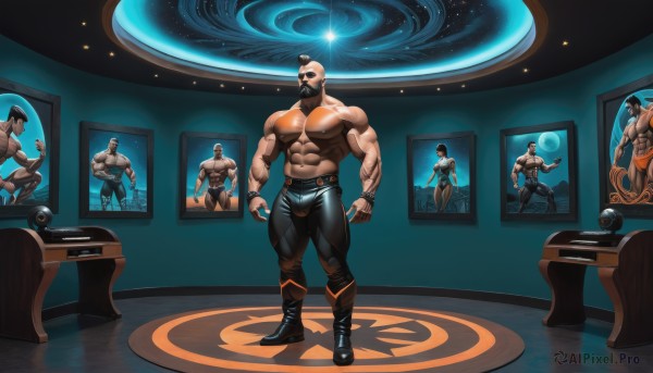 solo,looking at viewer,short hair,black hair,1boy,navel,jewelry,nipples,standing,full body,male focus,boots,belt,pants,tattoo,mask,muscular,glowing,facial hair,thick thighs,black pants,piercing,abs,sunglasses,pectorals,muscular male,instrument,bara,beard,large pectorals,veins,topless male,mature male,arm tattoo,tight,nipple piercing,bald,manly,leather,biceps,thick arms,leather boots,leather pants,star (sky),mustache,light,painting (object)