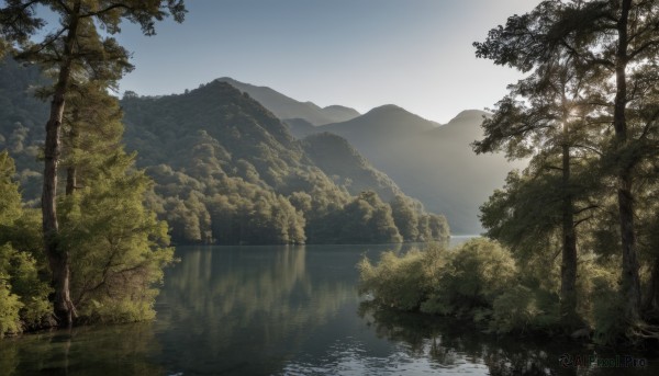 outdoors,sky,day,cloud,water,tree,blue sky,no humans,nature,scenery,forest,reflection,mountain,river,landscape,lake,sunlight,grass