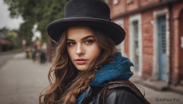 1girl,solo,long hair,looking at viewer,brown hair,hat,brown eyes,jacket,upper body,braid,outdoors,parted lips,solo focus,day,scarf,blurry,tree,lips,coat,black headwear,depth of field,blurry background,portrait,freckles,realistic,nose,blue scarf,building