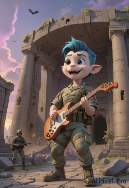 smile,open mouth,1boy,holding,brown eyes,blue hair,weapon,male focus,boots,outdoors,multiple boys,sky,teeth,pointy ears,2boys,uniform,tree,gun,military,military uniform,bird,sharp teeth,instrument,star (sky),holding gun,rifle,palm tree,music,guitar,assault rifle,bat (animal),singing,ruins,playing instrument,soldier,rubble,goblin,combat boots,war,full body,solo focus,cloud,night,fangs,3boys,helmet,rock